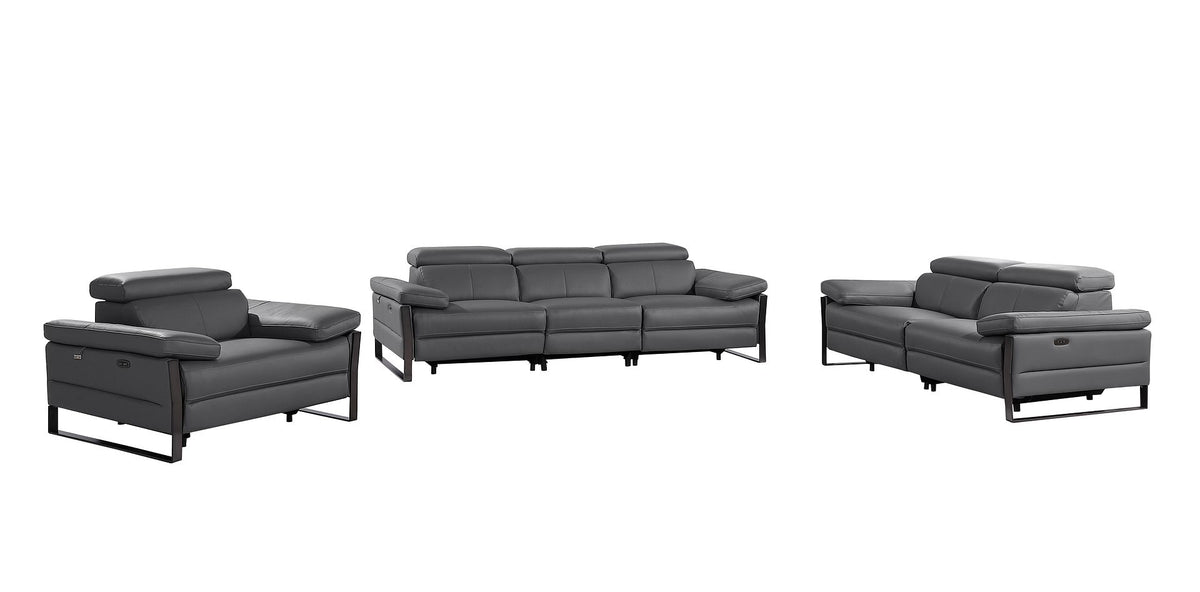 DivanItalia 1246 Modular Power Triple Reclining Sofa, Loveseat, and Chair Set with Power Headrests – Top Grain Italian Leather - Dark Gray