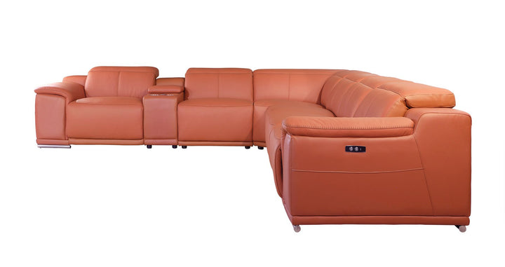 DivanItalia 9762 7-Piece L Shaped Top Grain Italian Leather Sectional Sofa with 4 Power Recliners - Camel