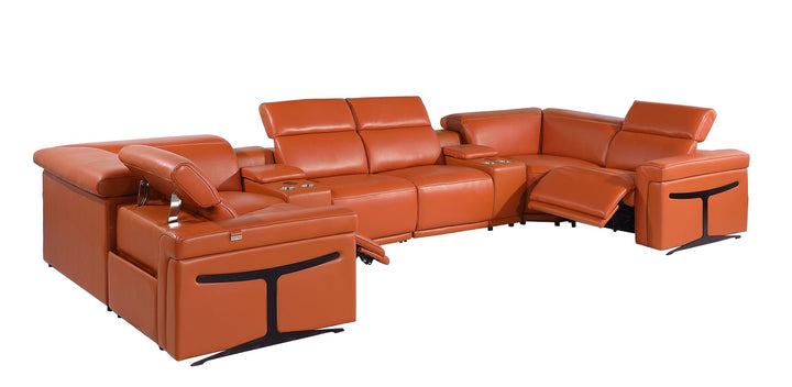 DivanItalia 1126 8-Piece U-Shaped Sectional Sofa in Top Grain Italian Leather with 2 Power Recliners &amp; Power Headrests - Camel