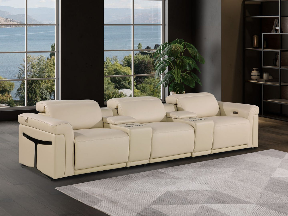DivanItalia 1126 5-Piece Modular Power Reclining Sofa in Top Grain Italian Leather with 3 Power Recliners & Power Headrests - Beige