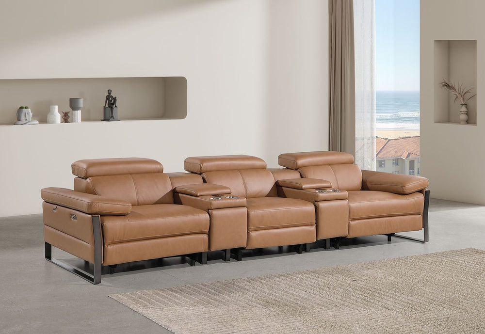 DivanItalia 1246 Modular Power Triple Reclining Dual Console Sofa with Power Reclining Headrests – Top Grain Italian Leather - Cognac