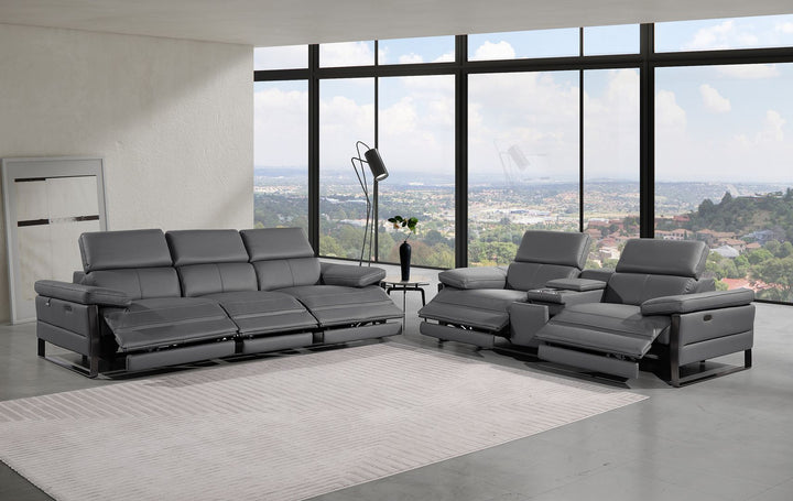 DivanItalia 1246 Modular Power Triple Reclining Sofa and Console Loveseat Set with Power Headrests – Top Grain Italian Leather - Dark Gray