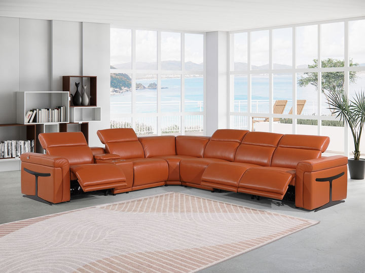DivanItalia 1126 7-Piece L-Shaped Sectional Sofa in Top Grain Italian Leather with 3 Power Recliners &amp; Power Headrests - Camel