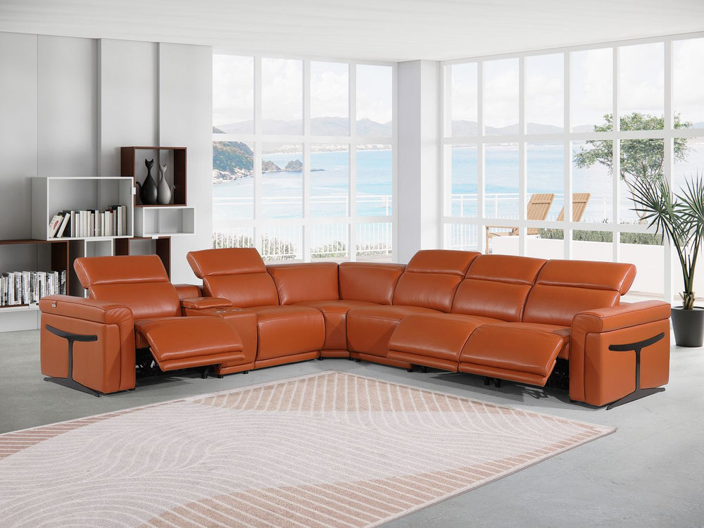 DivanItalia 1126 7-Piece L-Shaped Sectional Sofa in Top Grain Italian Leather with 3 Power Recliners & Power Headrests - Camel