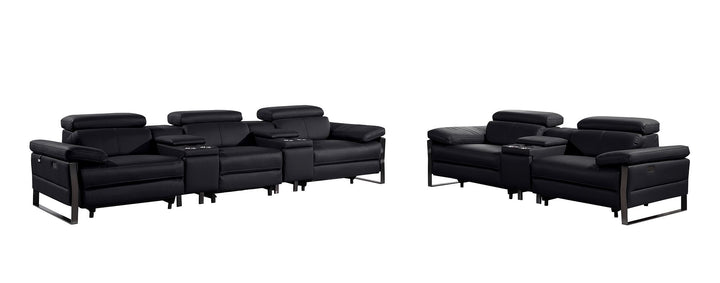 DivanItalia 1246 Modular Power Reclining Dual Console Sofa and Console Loveseat Set with Power Headrests – Top Grain Italian Leather - Black