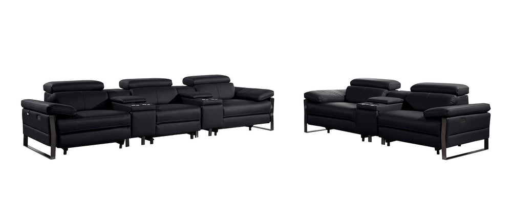 DivanItalia 1246 Modular Power Reclining Dual Console Sofa and Console Loveseat Set with Power Headrests – Top Grain Italian Leather - Black