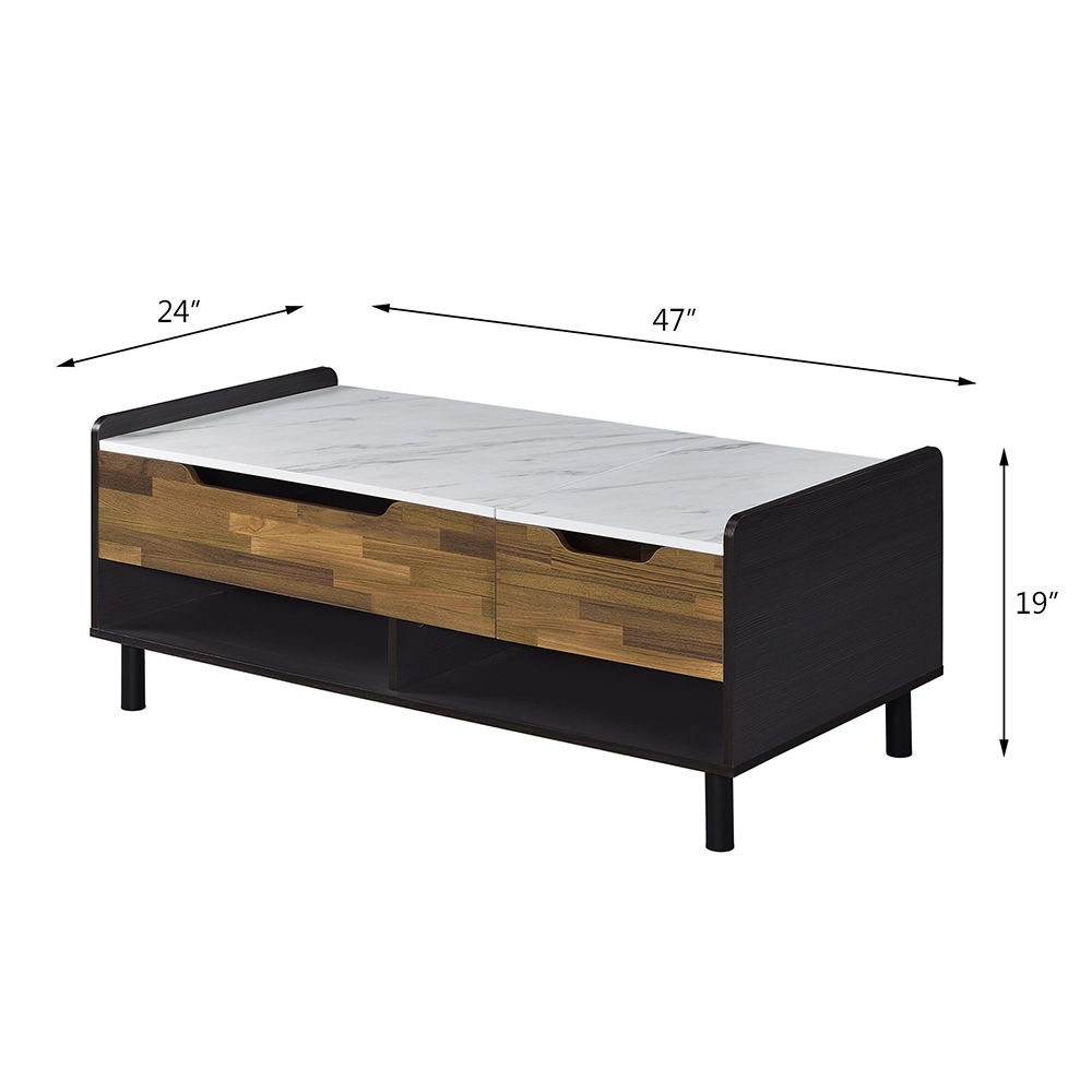 Axel - Coffee Table With Lift Top - White Printed Faux Marble Top, Walnut & Black