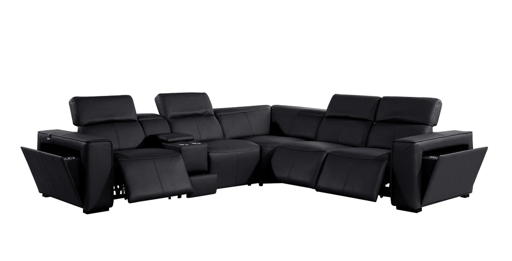 DivanItalia 1224 6-Piece L-Shaped Sectional Sofa in Top Grain Italian Leather with 3 Power Recliners & Power Headrests - Black