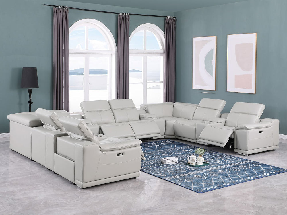 DivanItalia 9762 12-Piece U Shaped Top Grain Italian Leather Sectional Sofa with 4 Power Recliners - Light Gray