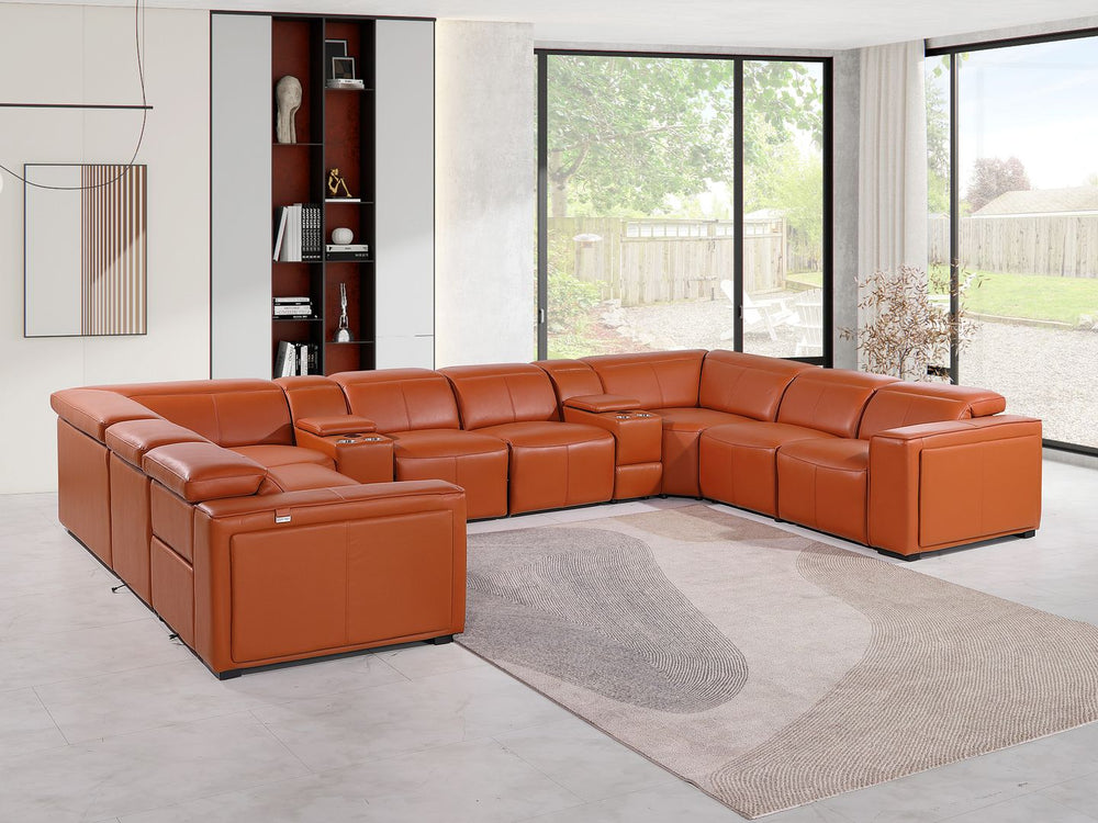 DivanItalia 1224 10-Piece U-Shaped Sectional Sofa in Top Grain Italian Leather with 4 Power Recliners & Power Headrests - Camel