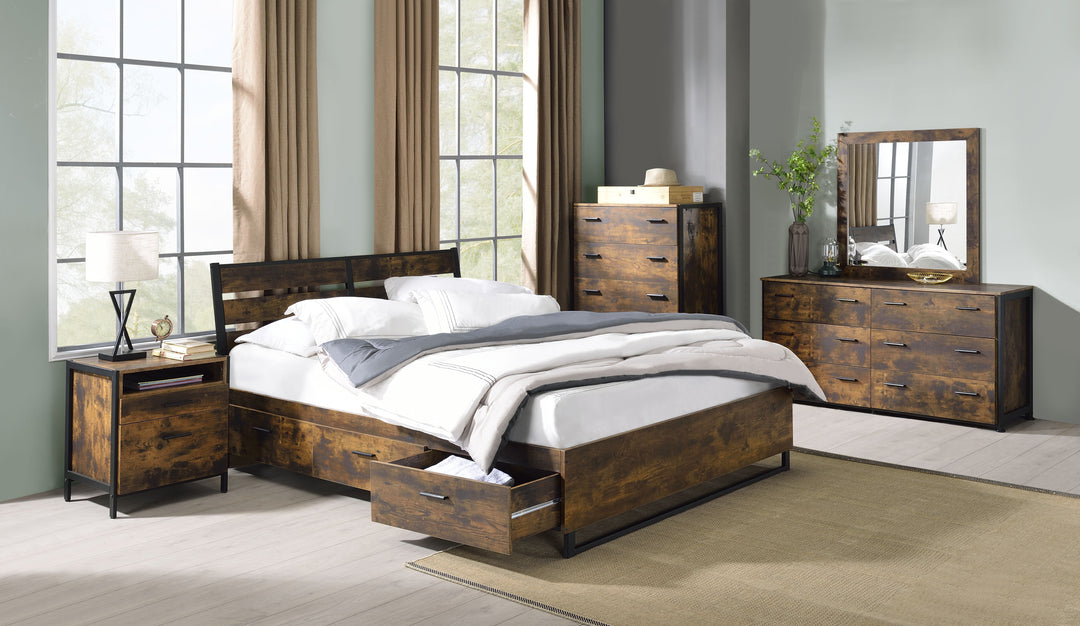 Juvanth - Eastern King Bed With Storage - Rustic Oak & Black