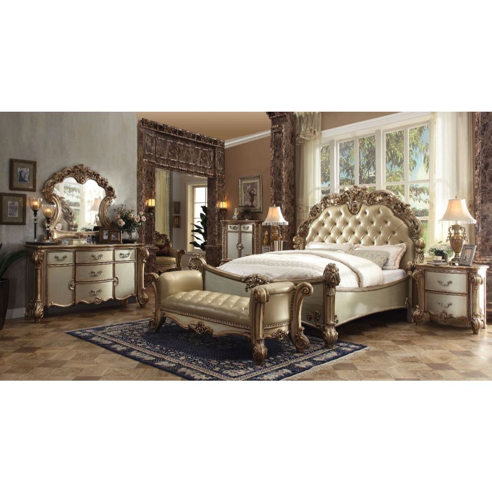 ACME Furniture Vendome California King Bed Brass Synthetic Leather & Go