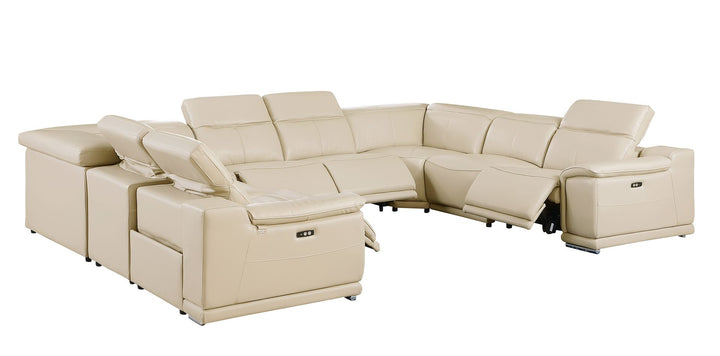 DivanItalia 9762 8-Piece U Shaped Top Grain Italian Leather Sectional Sofa with 4 Power Recliners – No Console - Beige