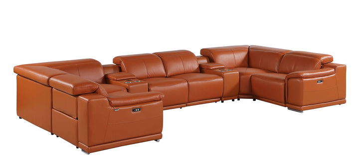DivanItalia 9762 8-Piece U Shaped Top Grain Italian Leather Sectional Sofa with 2 Power Recliners - Camel