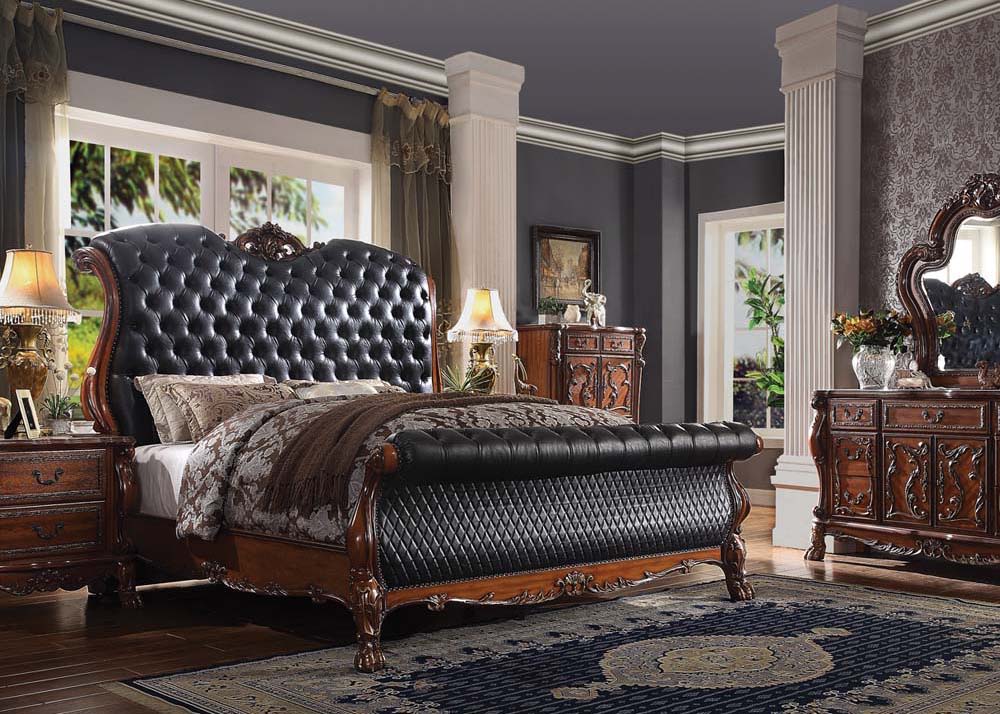 Dresden - Eastern King Bed - Synthetic Leather & Cherry Oak