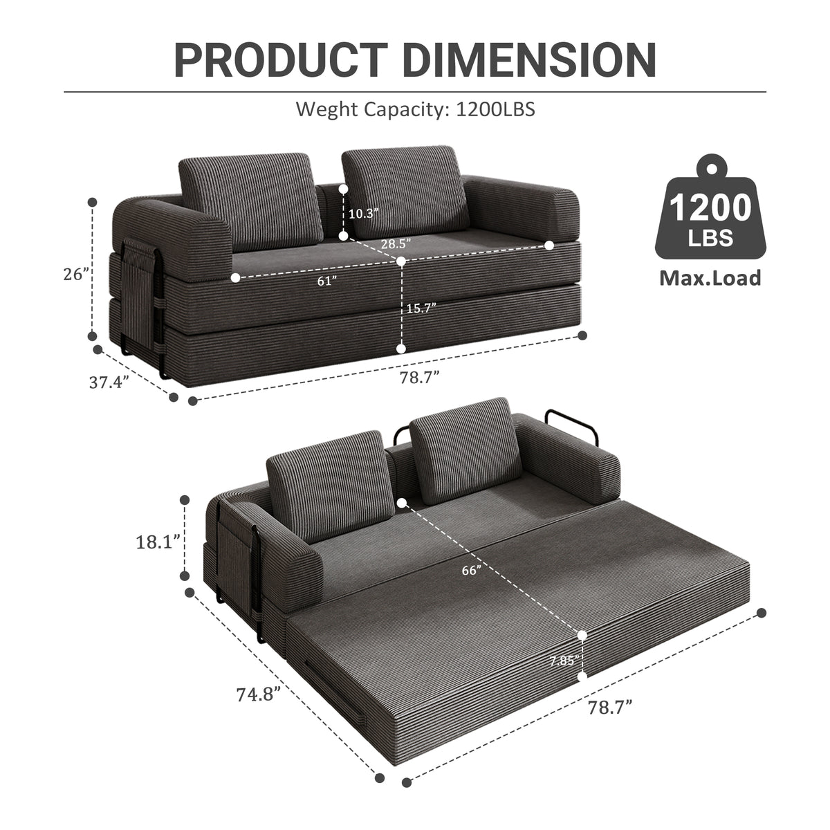 corduroy-convertible-sleeper-sofa-bed-with-pillow-dark-gray