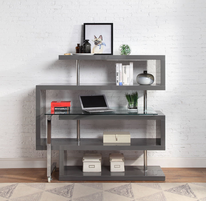 Buck II - Writing Desk With Bookshelf - Clear Glass, Chrome & Gray High Gloss