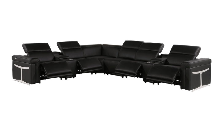 DivanItalia 1126 8-Piece L-Shaped Sectional Sofa in Top Grain Italian Leather with 4 Power Recliners &amp; Power Headrests - Black