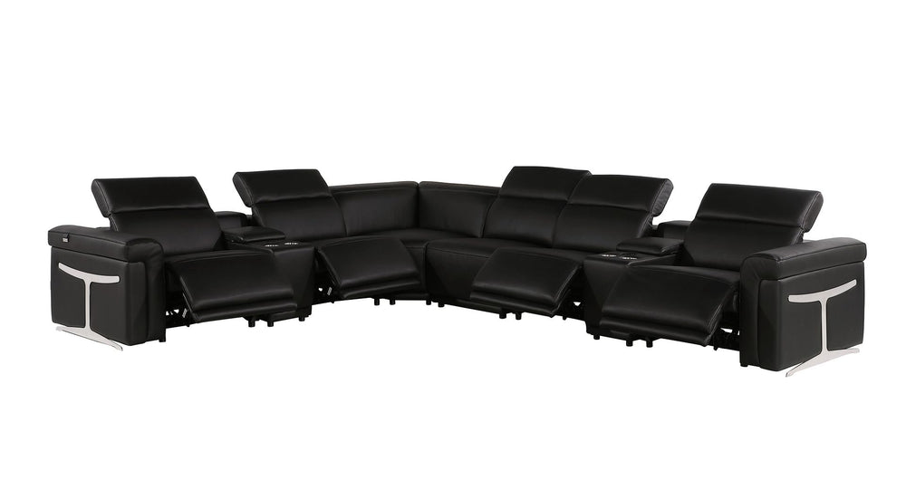 DivanItalia 1126 8-Piece L-Shaped Sectional Sofa in Top Grain Italian Leather with 4 Power Recliners & Power Headrests - Black