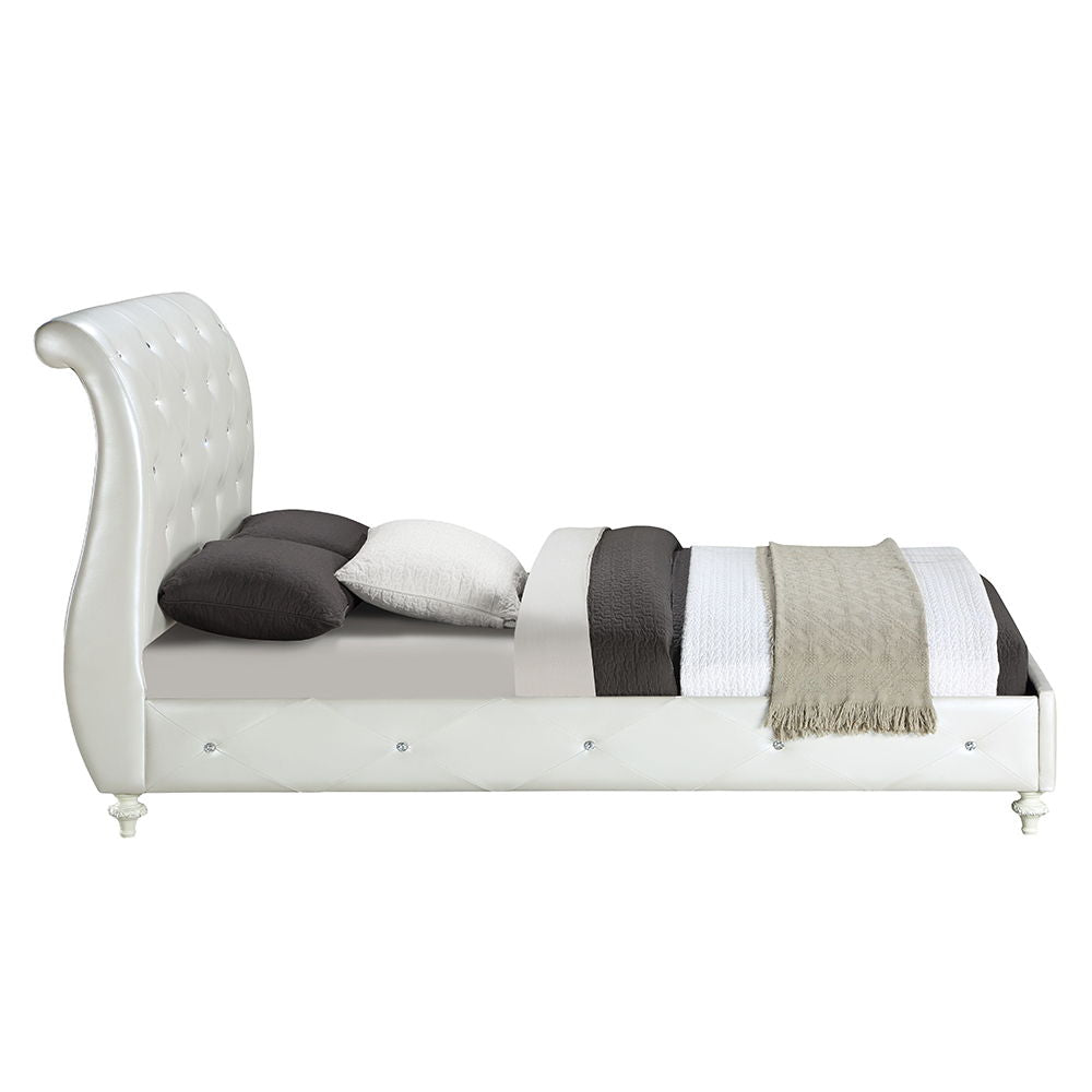 Dorothy - Full Bed - Pearl White Synthetic Leather & Ivory