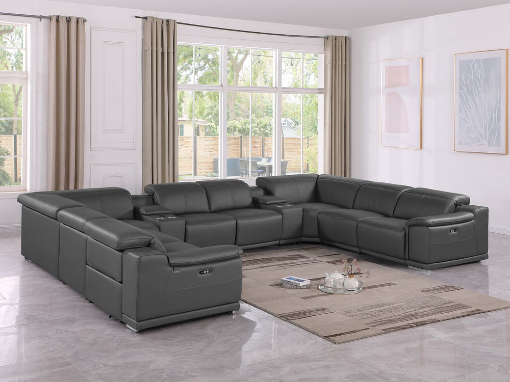 DivanItalia 9762 10-Piece U Shaped Top Grain Italian Leather Sectional Sofa with 4 Power Recliners - Dark Gray