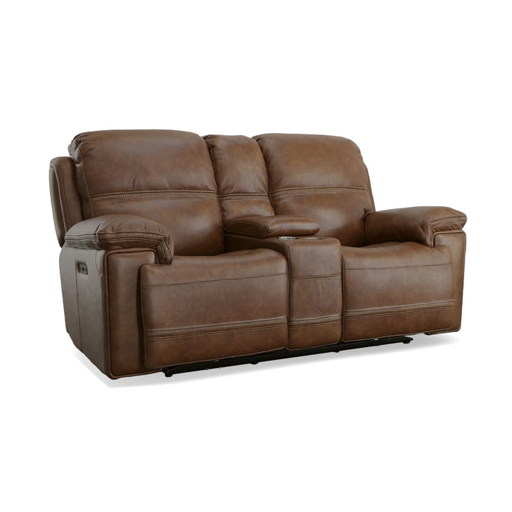 Fenwick Leather Power Reclining Loveseat with Console &amp; Power Headrests in Cognac