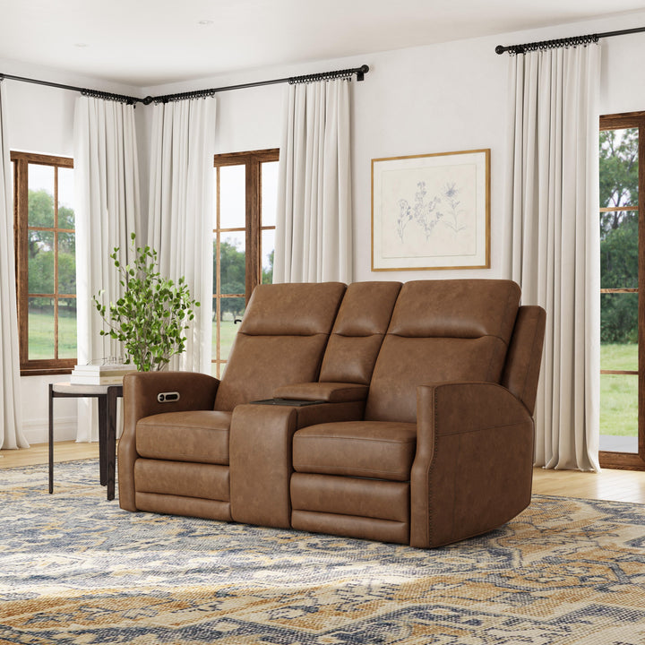 Maxwell Leather Power Reclining Loveseat with Console, Power Headrests and Lumbar in Cedar