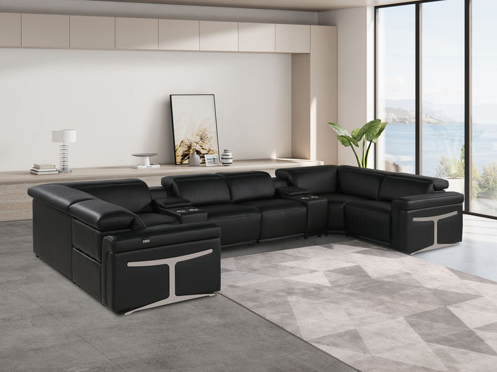 DivanItalia 1126 8-Piece U-Shaped Sectional Sofa in Top Grain Italian Leather with 2 Power Recliners &amp; Power Headrests - Black