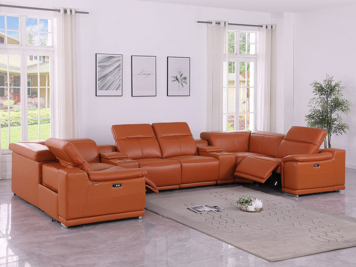 DivanItalia 9762 8-Piece U Shaped Top Grain Italian Leather Sectional Sofa with 2 Power Recliners - Camel