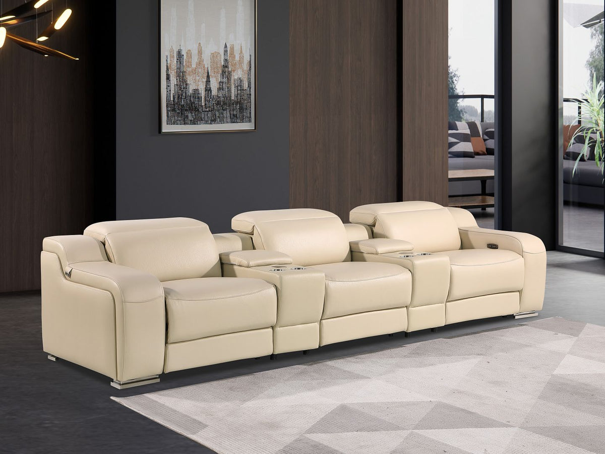 DivanItalia 1116 5-Piece Modular Power Reclining Sofa in Top Grain Italian Leather with 3 Power Recliners & Power Headrests - Beige