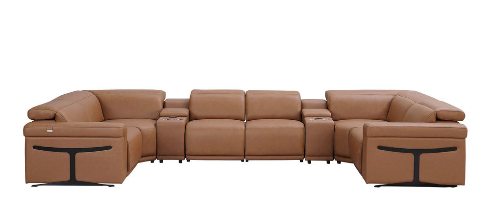 DivanItalia 1126 8-Piece U-Shaped Sectional Sofa in Top Grain Italian Leather with 4 Power Recliners & Power Headrests – with Console - Cognac