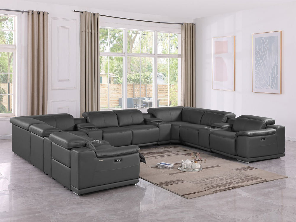 DivanItalia 9762 12-Piece U Shaped Top Grain Italian Leather Sectional Sofa with 4 Power Recliners - Dark Gray