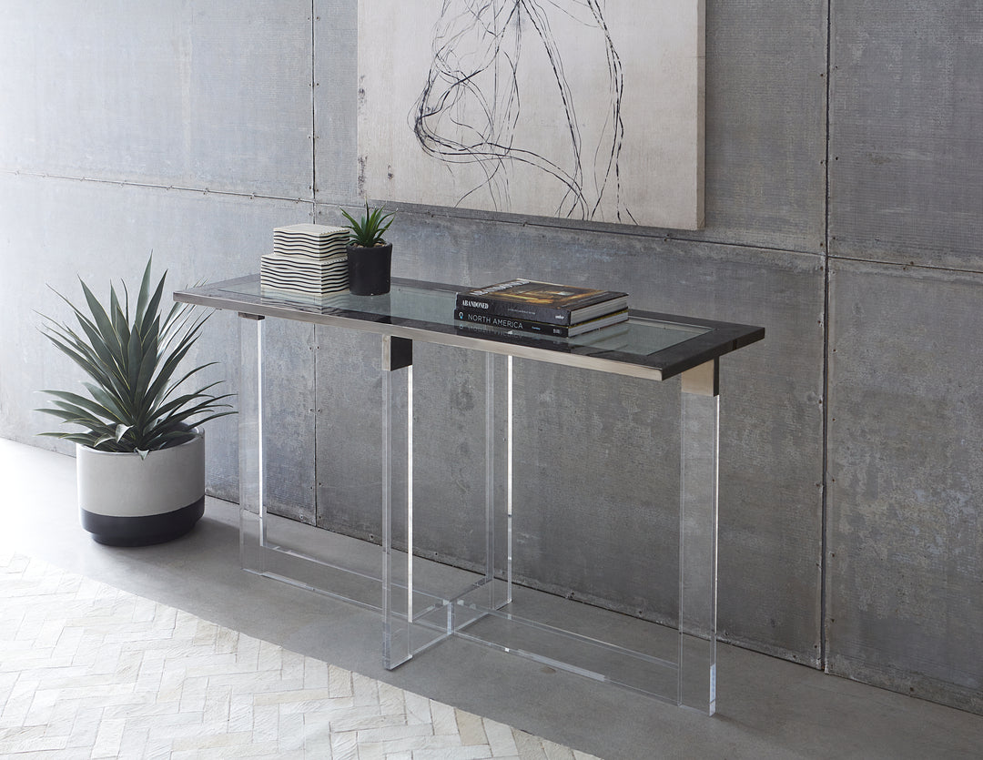 Modus Furniture Emy223 Bastian Console Table In Clear Acrylic And Gunmetal Polished Stainless Steel