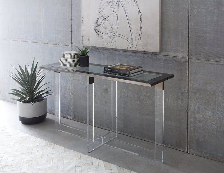 Modus Furniture Emy223 Bastian Console Table In Clear Acrylic And Gunmetal Polished Stainless Steel