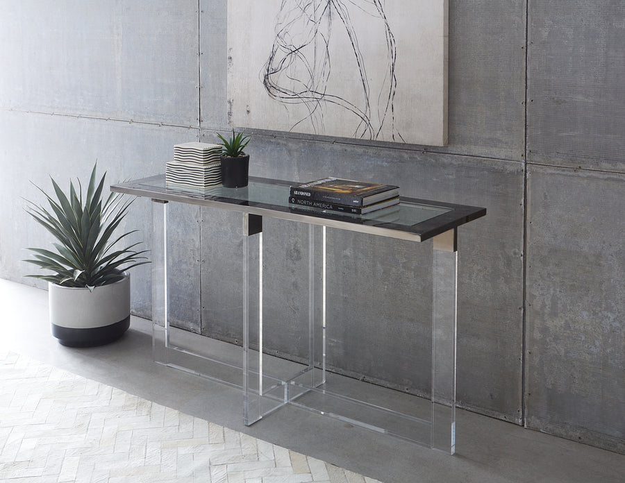 Modus Furniture Emy223 Bastian Console Table In Clear Acrylic And Gunmetal Polished Stainless Steel