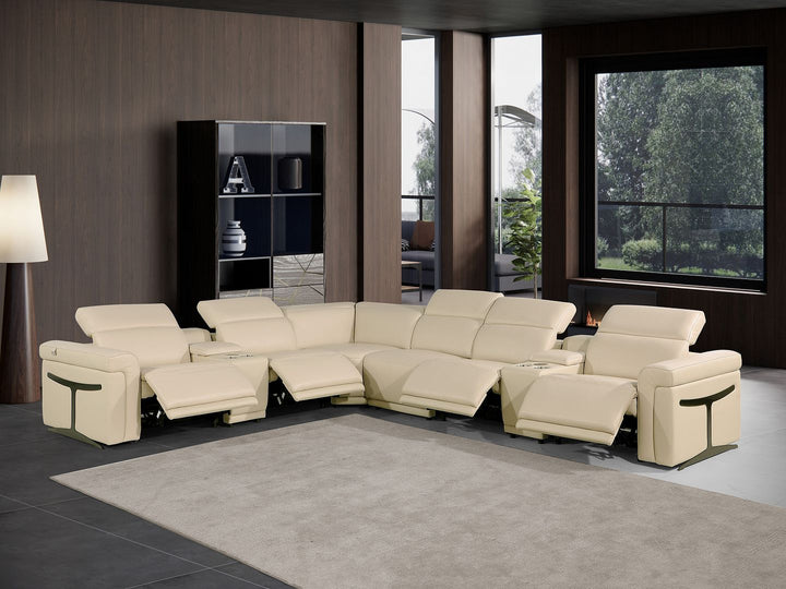 DivanItalia 1126 8-Piece L-Shaped Sectional Sofa in Top Grain Italian Leather with 4 Power Recliners &amp; Power Headrests - Beige