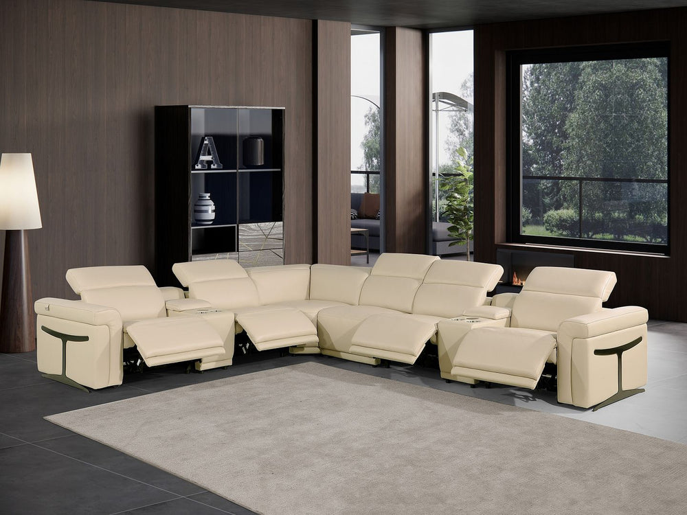 DivanItalia 1126 8-Piece L-Shaped Sectional Sofa in Top Grain Italian Leather with 4 Power Recliners & Power Headrests - Beige