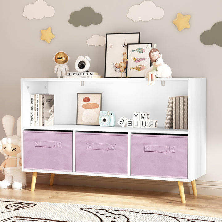 modern-kids-bookcase-with-collapsible-fabric-drawers-childrens-book-display-toy-storage-white-pink-mdf-pine-legs