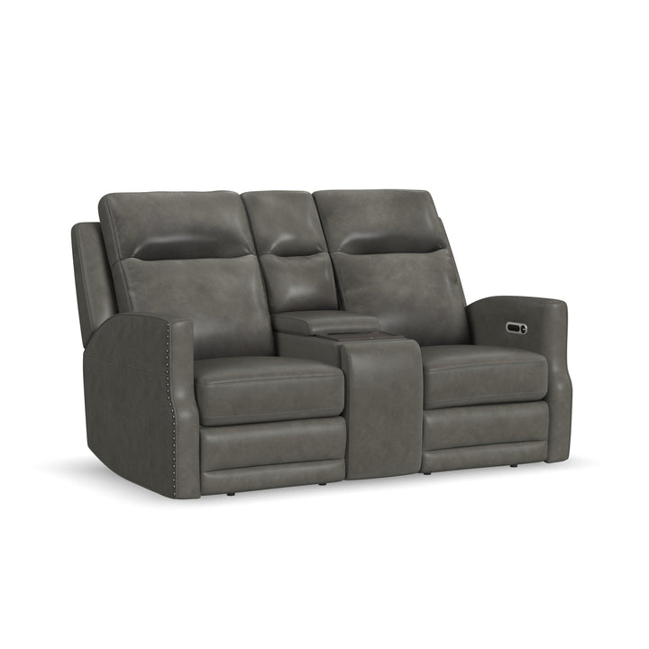 Maxwell Leather Power Reclining Loveseat with Console, Power Headrests and Lumbar in Cinder