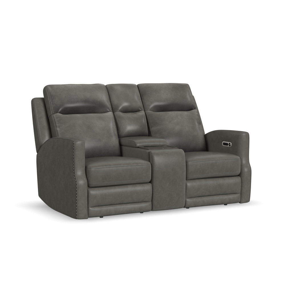 Maxwell Leather Power Reclining Loveseat with Console, Power Headrests and Lumbar in Cinder