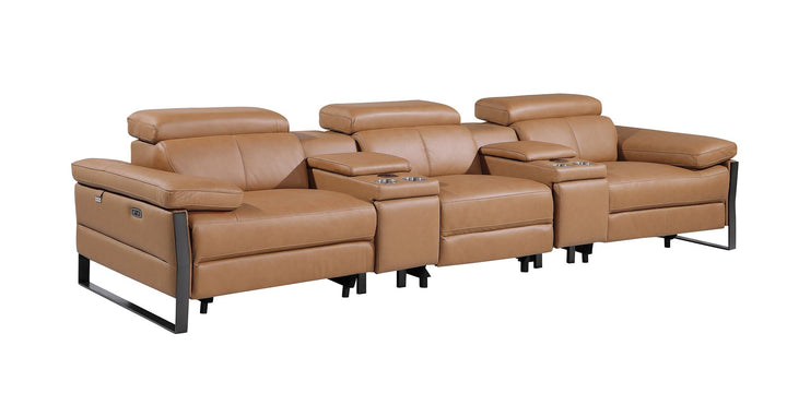 DivanItalia 1246 Modular Power Triple Reclining Dual Console Sofa with Power Reclining Headrests – Top Grain Italian Leather - Cognac
