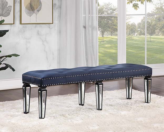 ACME Furniture Varian II Bench Mirrored, Dark Navy Velvet & Black & Sli