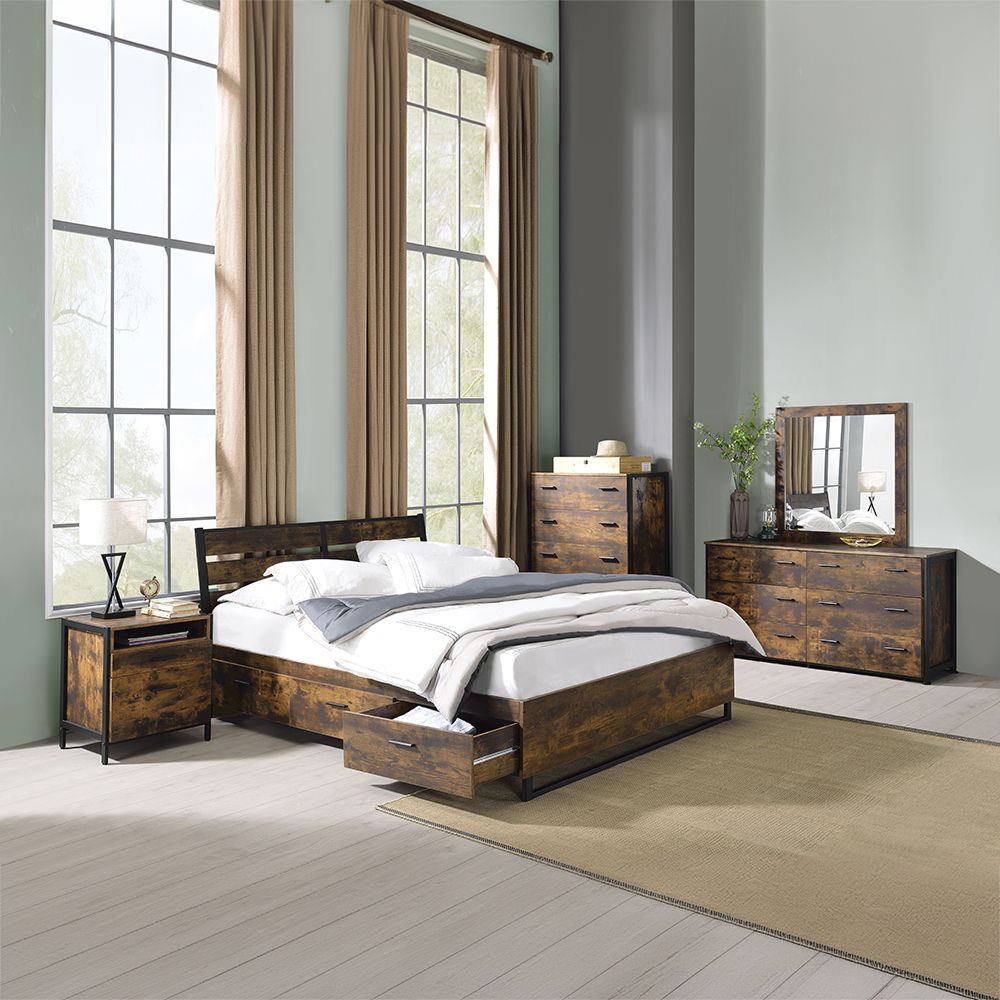 Juvanth - Queen Bed With Storage - Rustic Oak & Black