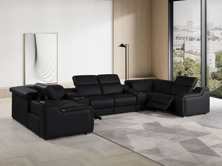 DivanItalia 1116 8-Piece U-Shaped Sectional Sofa in Top Grain Italian Leather with 2 Power Recliners &amp; Power Headrests – with Console - Black