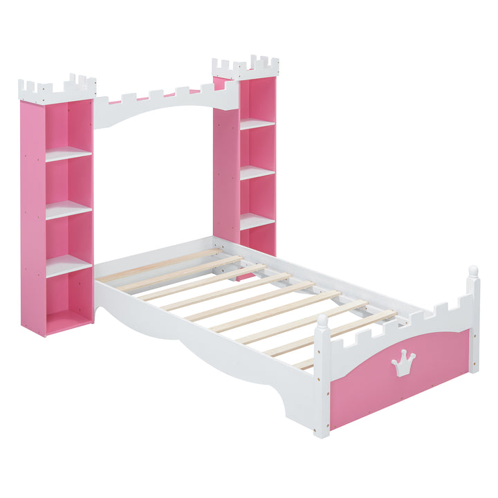 castle-shaped-wooden-twin-bed-with-storage-shelf-pink-white