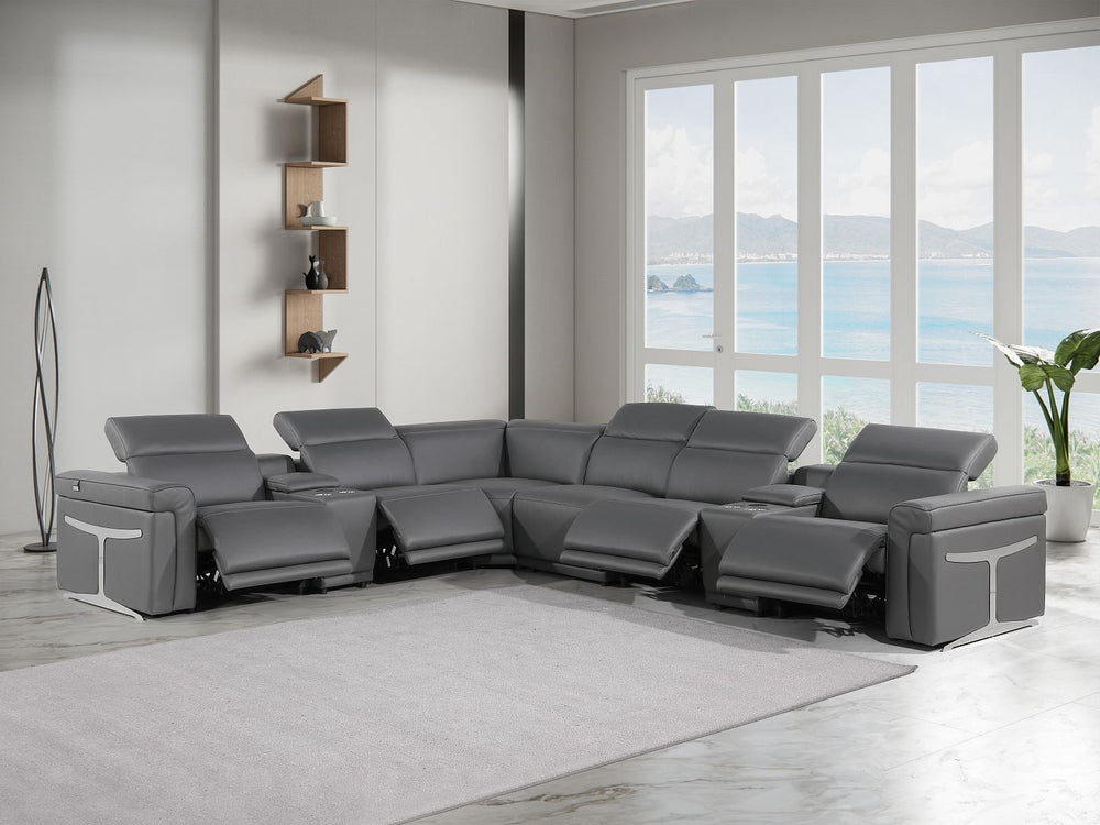 DivanItalia 1126 8-Piece L-Shaped Sectional Sofa in Top Grain Italian Leather with 4 Power Recliners & Power Headrests - Dark Gray