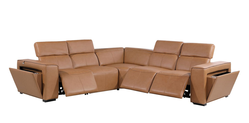 DivanItalia 1224 5-Piece L-Shaped Sectional Sofa in Top Grain Italian Leather with 3 Power Recliners & Power Headrests - Cognac