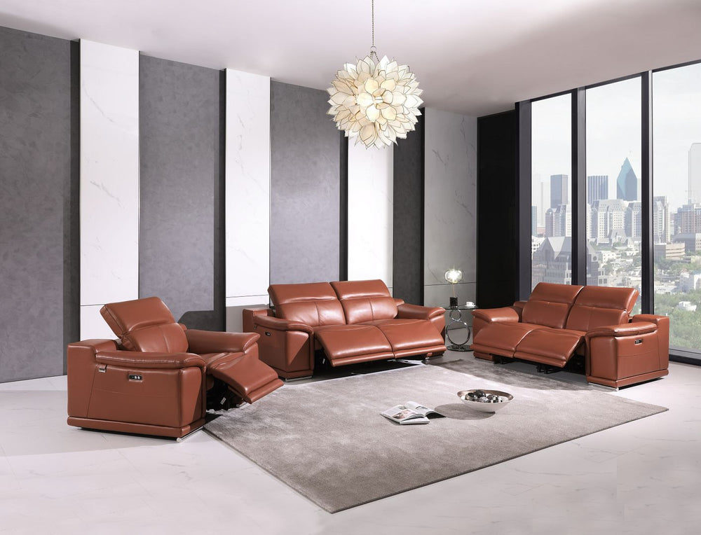 DivanItalia 9762 Top Grain Italian Leather Power Reclining Sofa, Loveseat and Chair Set with Adjustable Headrests - Camel