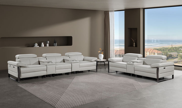 DivanItalia 1246 Modular Power Reclining Dual Console Sofa and Console Loveseat Set with Power Headrests – Top Grain Italian Leather - Light Gray