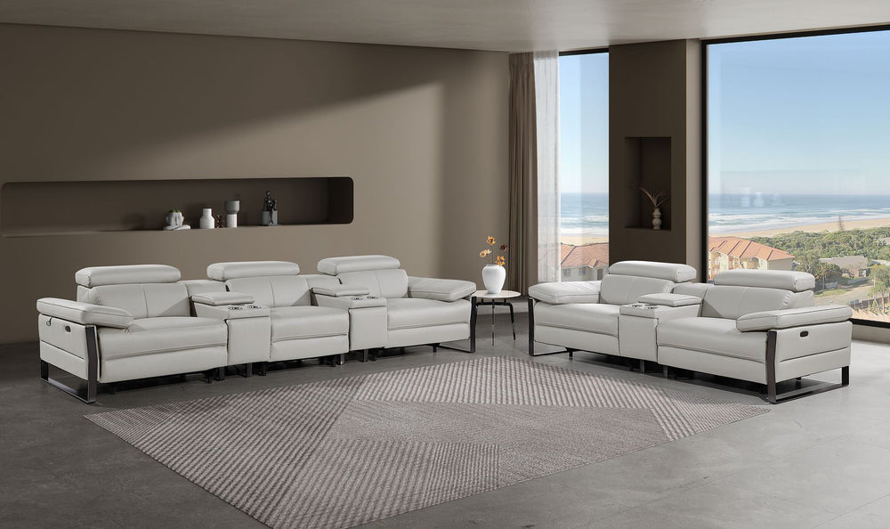 DivanItalia 1246 Modular Power Reclining Dual Console Sofa and Console Loveseat Set with Power Headrests – Top Grain Italian Leather - Light Gray